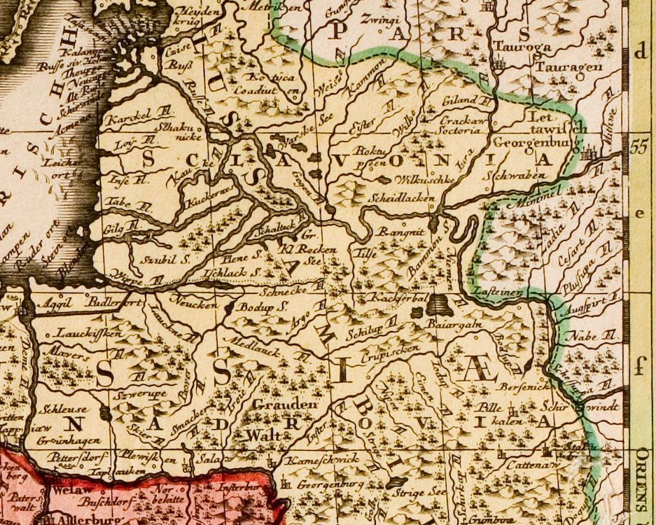 Lietuvos-Prūsijos pasienyje pažymėtas Jurbarkas - Littawische Georgenburg. 1725 m.